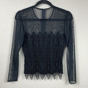 Vintage JR Nites by Caliendo Black Sheer Mesh Long Sleeve Guipure Lace Top Sz 6